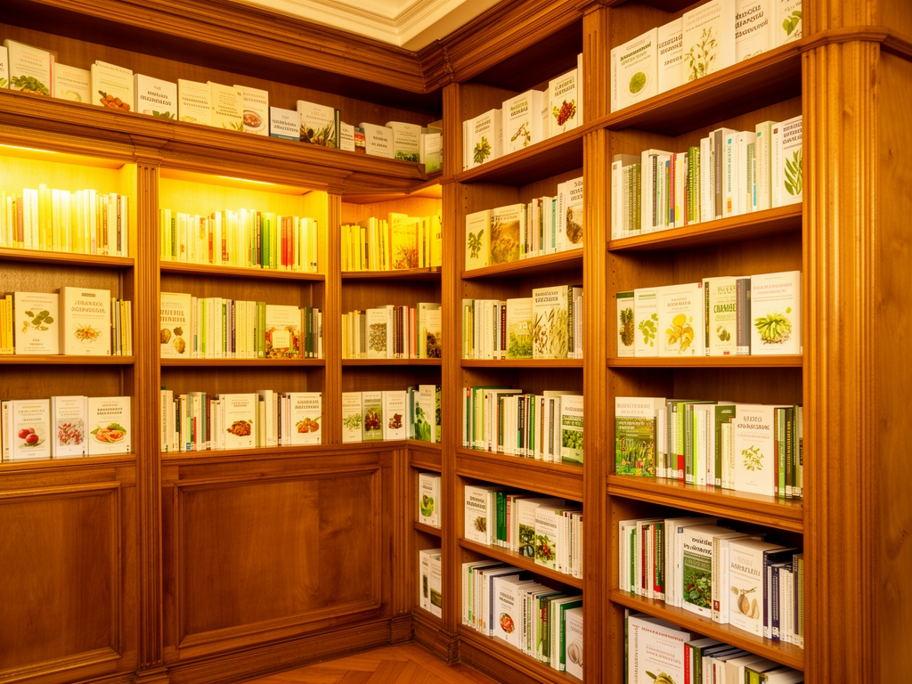 Bogata biblioteka sa drvenim policama punim knjiga o zdravlju, ishrani i botanici — toplo zlatno osvetljenje, mirna i akademska atmosfera koja simbolizuje znanje i istraživanje
