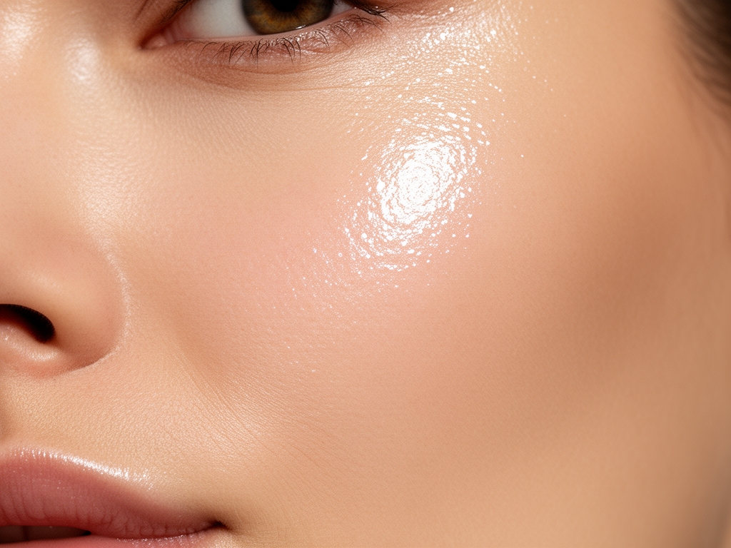 Krupni plan glatke, hidrirane kože sa blistavim svetlosnim odrazima — apstraktna fotografija koja prikazuje teksturu i elastičnost kože u naturalnom osvetljenju