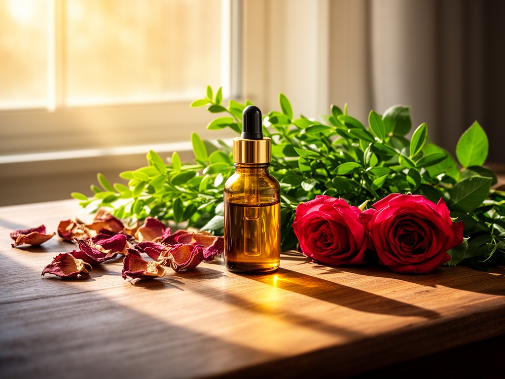 Zlatno jutarnje svetlo koje prolazi kroz prozor i pada na drveni sto sa bočicom sa esencijalnim uljima, svežim zelenilom i suvim laticama ruže — prizor koji simbolizuje prirodnu negu i vitalnost