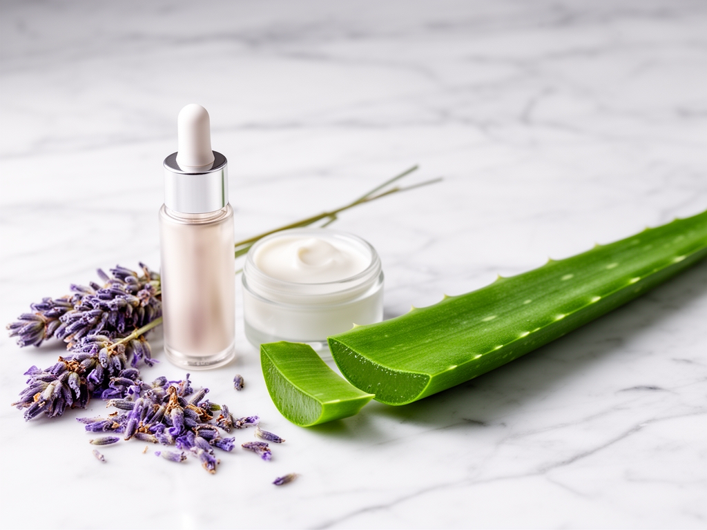 Prirodni kozmetički sastojci raspoređeni na beloj mramornoj podlozi — staklena bočica sa serumom, mali teglet sa kremom, sveže narezani aloe vera list i suhe latice lavande u mekanom difuznom osvetljenju