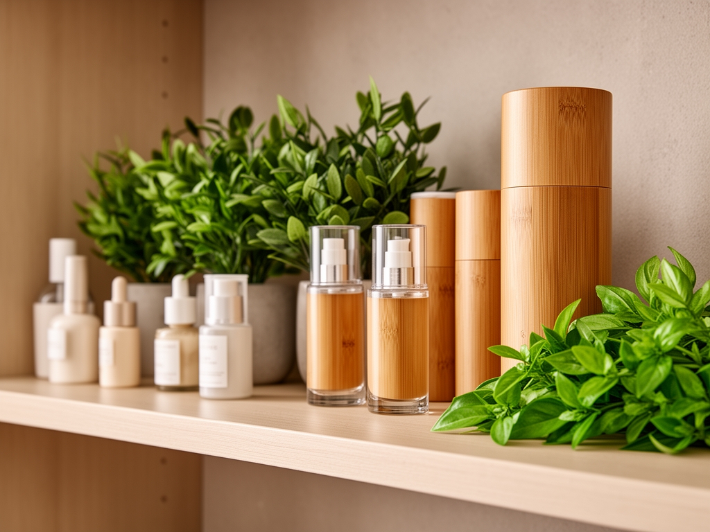 Elegantno uređena polica sa prirodnim dodacima i kozmetičkim preparatima u neutralnoj, toploj paleti — staklene i bambusove ambalaže bez vidljivih natpisa pored zelene biljke i svežeg bilja